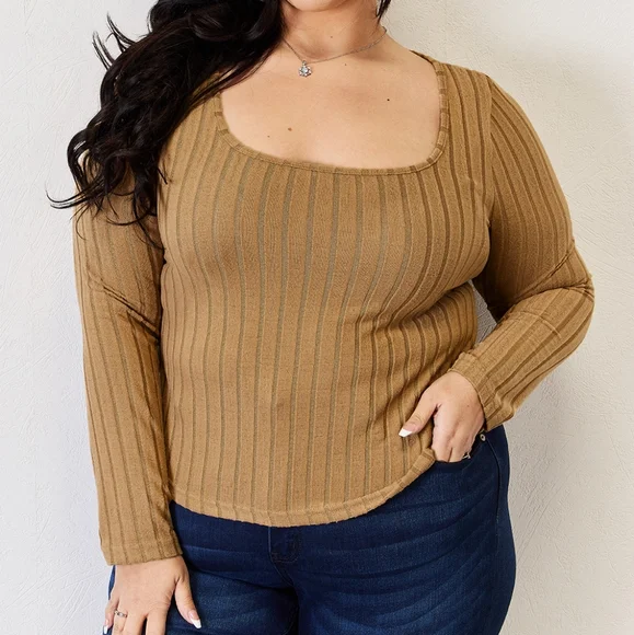 Tan Ribbed Long Sleeve Full Size Top - Picture 10 of 14
